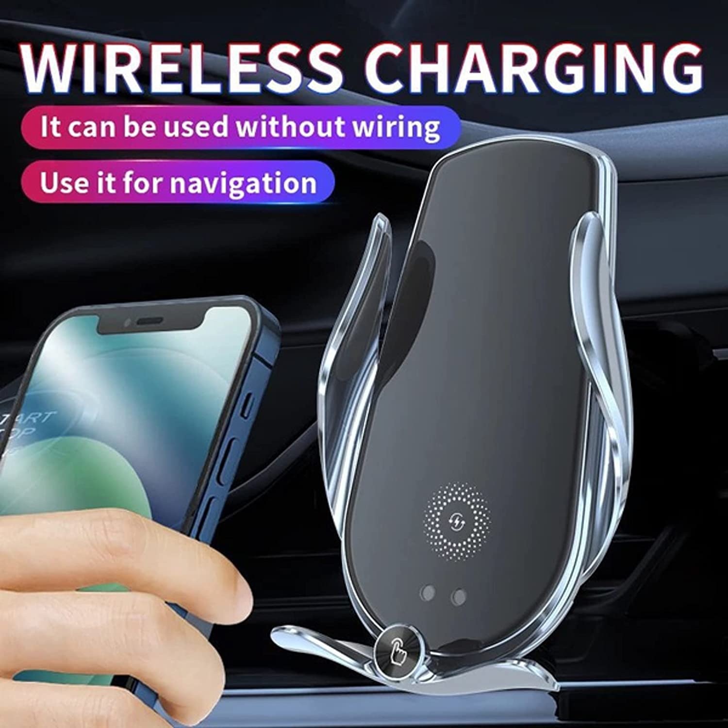 Sky-Touch Wireless Car Charger: 15W Qi Fast Charging Auto-Clamping Car Phone Holder Air Vent Windshield Dashboard Car Phone Mount Infrared Induction Bracket Car Bracket Charger Black