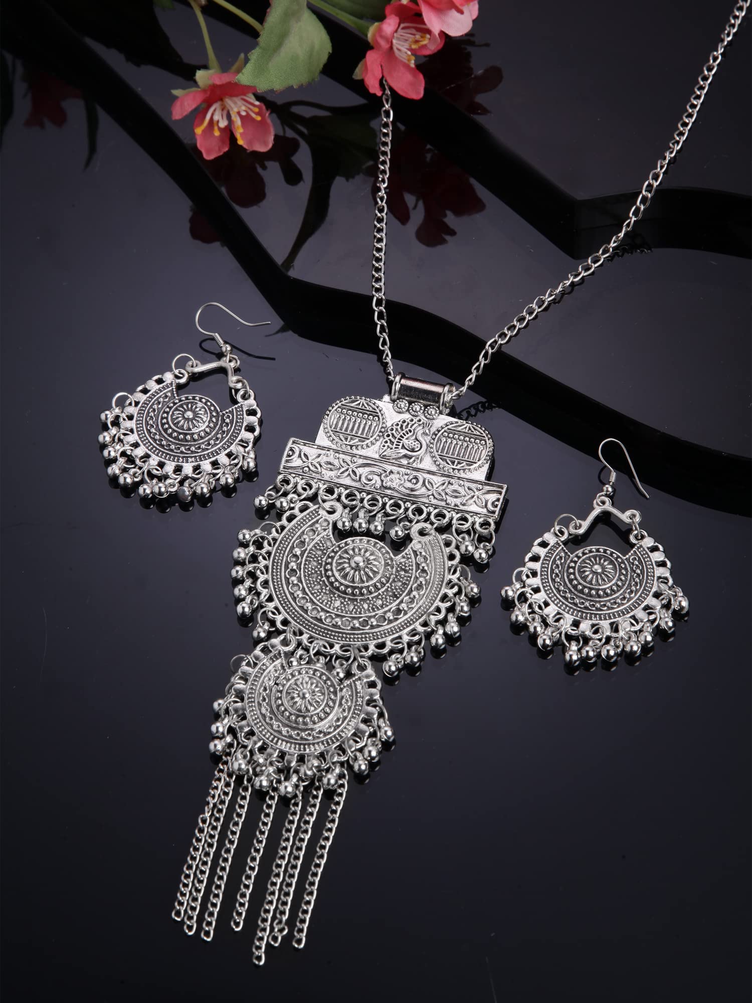 Shining Diva Fashion Latest Stylish Traditional Oxidised Silver Necklace Jewellery Set for Women (13174s), One Size