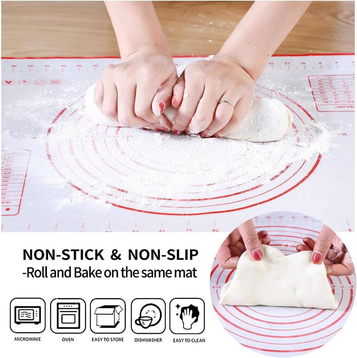 SKY-TOUCH Sky Touch Baking Mat, Non Stick Silicon Rolling Pastry Mat,Kneading Pad Sheet Glass Fiber Rolling Dough Large Size For Cake Macaron Kitchen Tools, Red,White, Sk3C3001-Baking