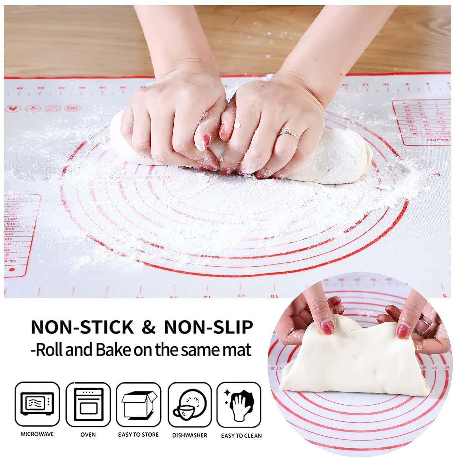 SKY-TOUCH Sky Touch Baking Mat, Non Stick Silicon Rolling Pastry Mat,Kneading Pad Sheet Glass Fiber Rolling Dough Large Size For Cake Macaron Kitchen Tools, Red,White, Sk3C3001-Baking