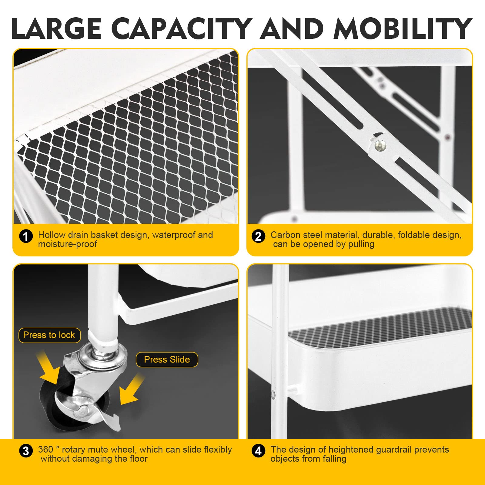 SKY-TOUCH 3 Tier trolley organizer,Foldable Metal Rolling Utility Cart Organizer, Multipurpose Organizer Trolley with Casters for Kitchen, Bedroom, Bathroom, Office, Laundry Room and Garage White