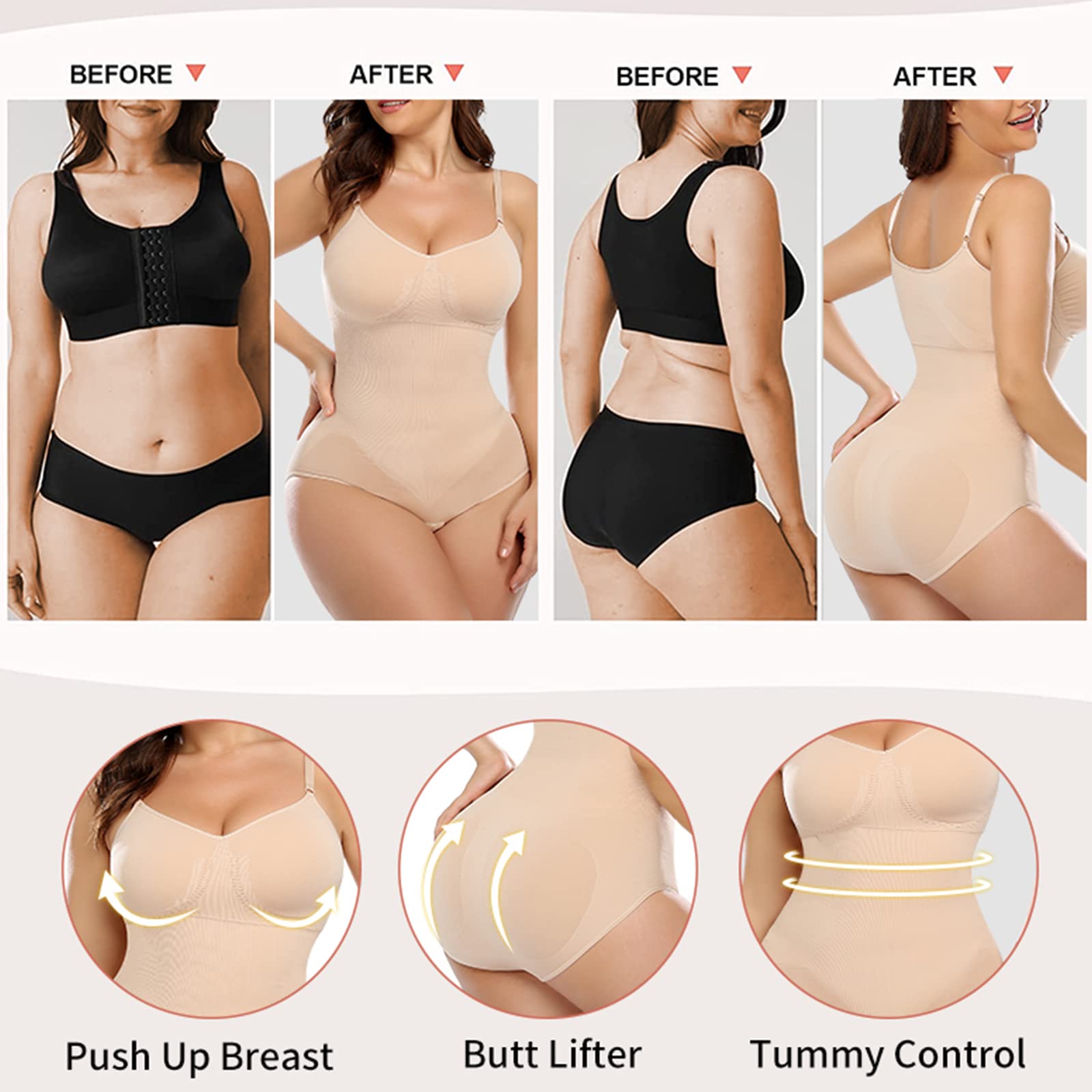 VUCATIN Full Body Shaper, Women Tummy Control Hip Lift Compression Garment, Full Coverage Bust Seamless Bodysuit, Body Slim Mid Thigh Butt Lift Shaper Shapewear