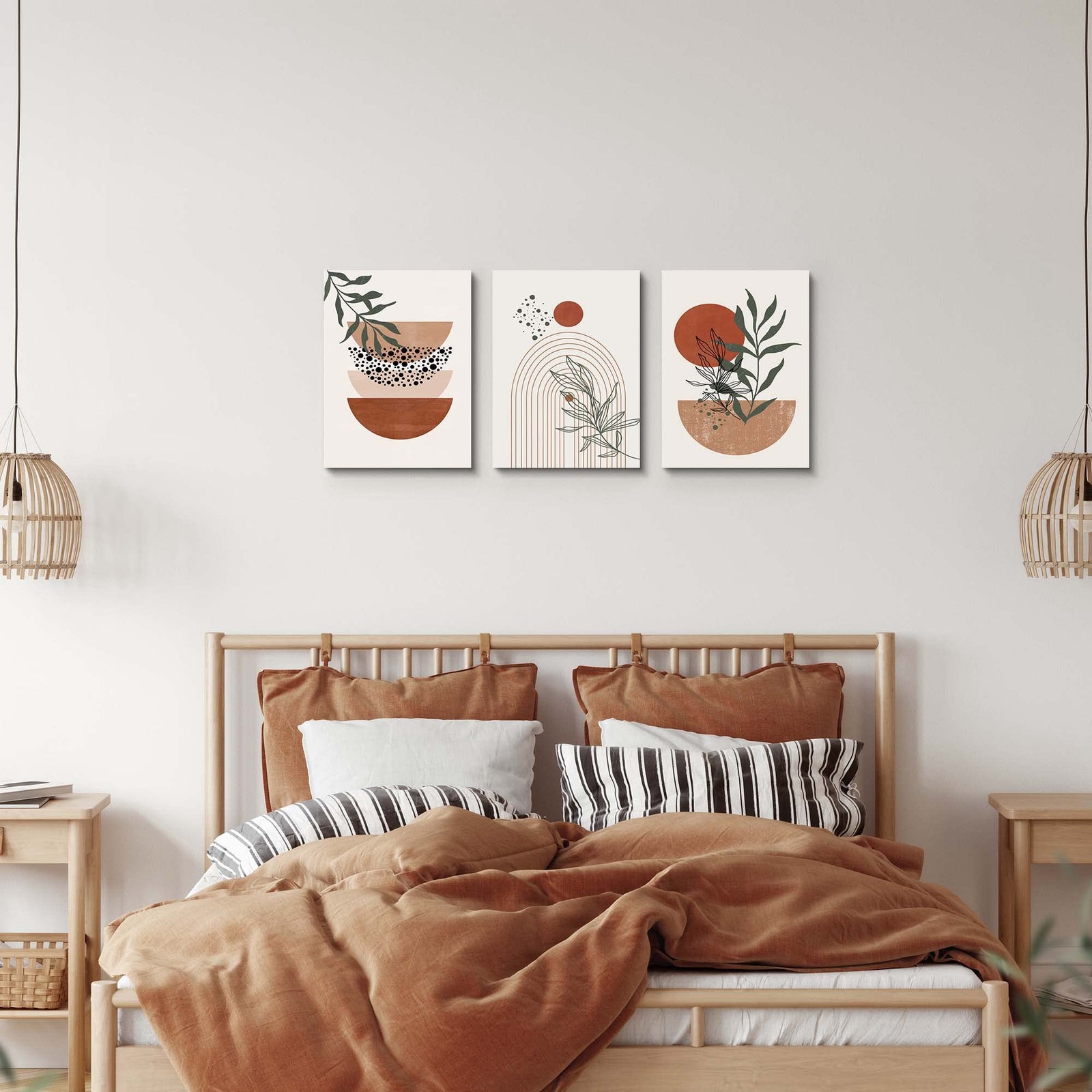 Boho Wall Art Prints, Boho Wall Decor, Mid Century Modern Wall Art, Set of 3 Prints, Abstract Geometric Prints Black Beige Terracotta Minimalist Art, Natural Framed Canvas Prints Artwork For Living