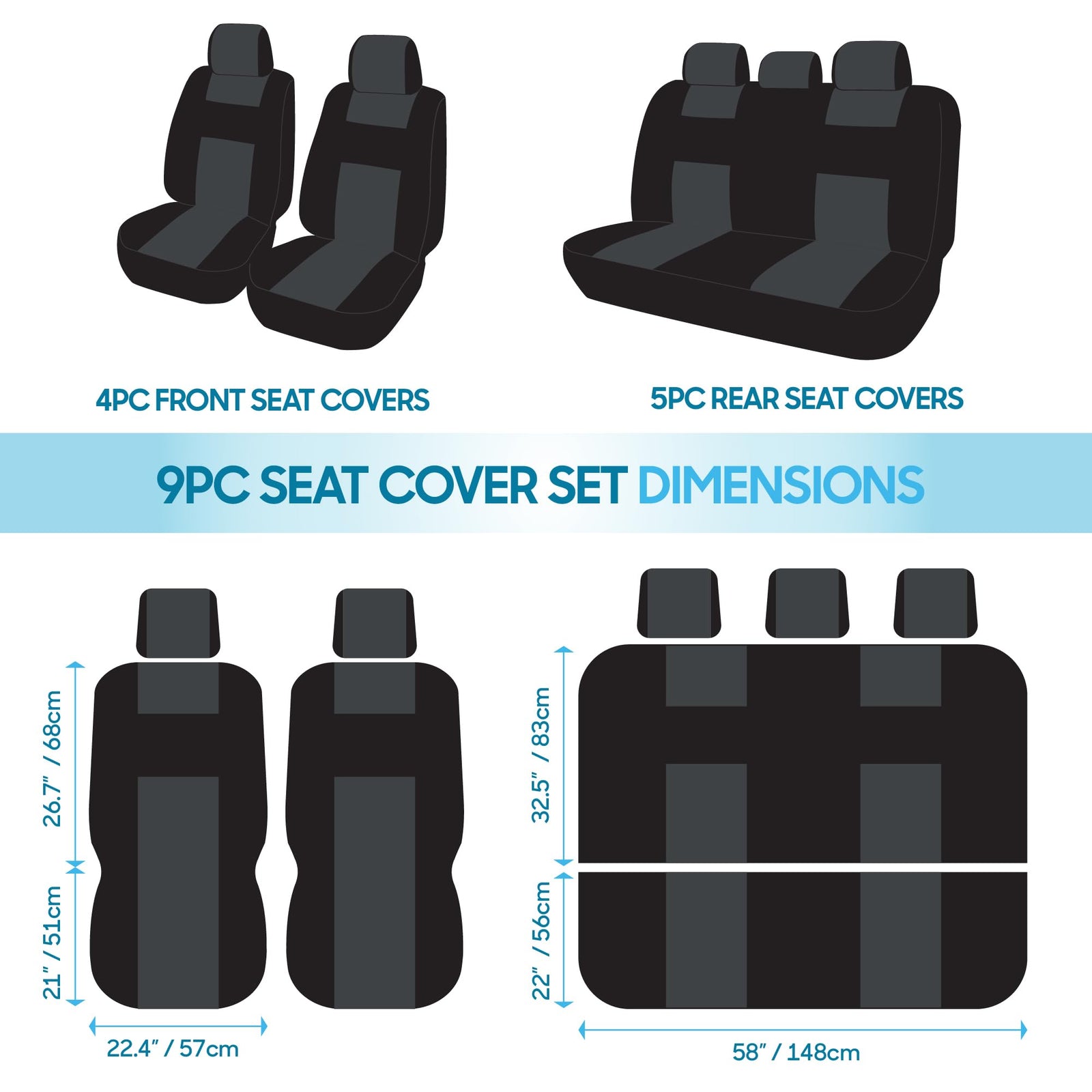 BDK PolyPro Car Seat Covers Full Set in Blue on Black – Front and Rear Split Bench Seat Covers, Easy to Install, Car Accessories for Auto Trucks Van SUV