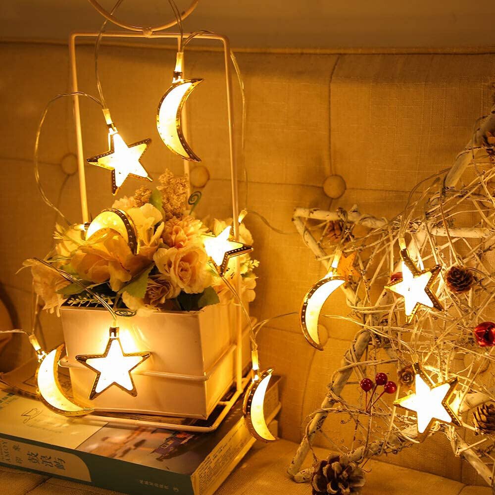 Rosy.Moment Ramadan Eid Moon Star String Lights, 12 Feet 20 LEDs Eid Mubarak Palace Lantern Lamp for Islamic Indoor Outdoor Home Garden Decoration (Warm White)
