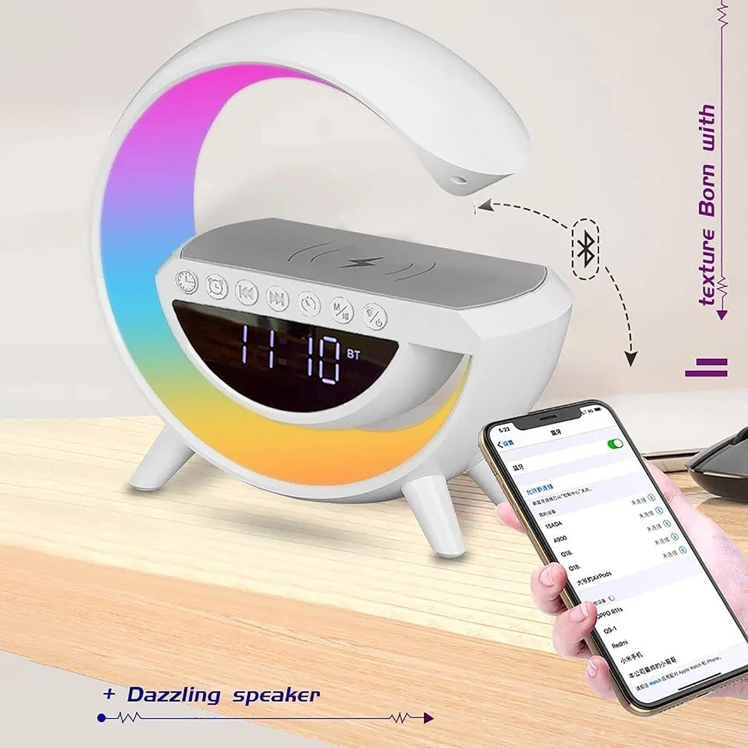SGG Atmosphere Night Light Wireless Phone Charger Bluetooth Speaker Alarm Clock All in One LED Table Lamp for Bedroom, Living Room, Office, Ideal Gift Choice (BT-3401)