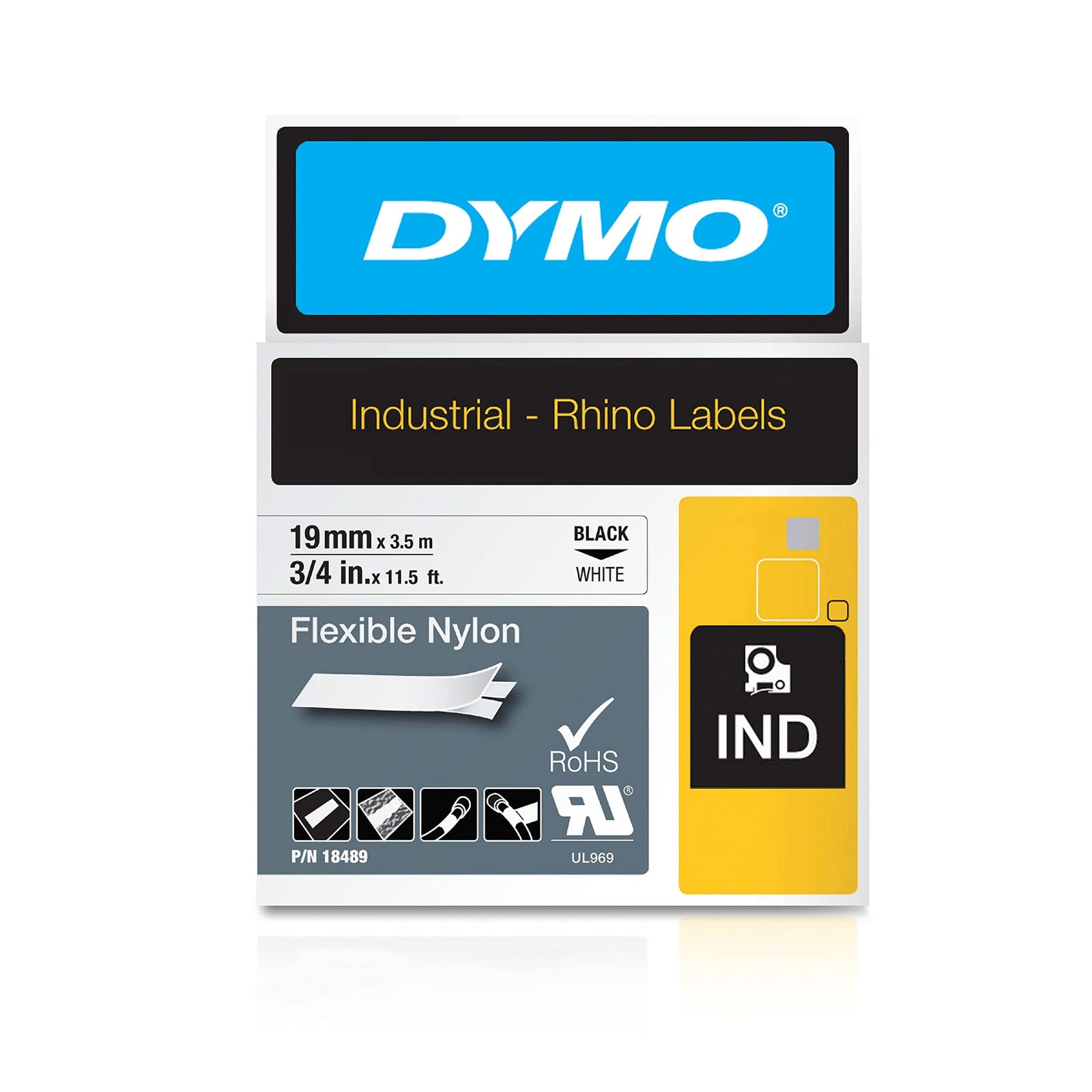 DYMO rhino nylon black on white, 3/4 inch, 18489