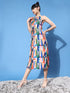 Krave Off White & Blue Halter Neck Crepe Midi Dress.MULTICOLOR.