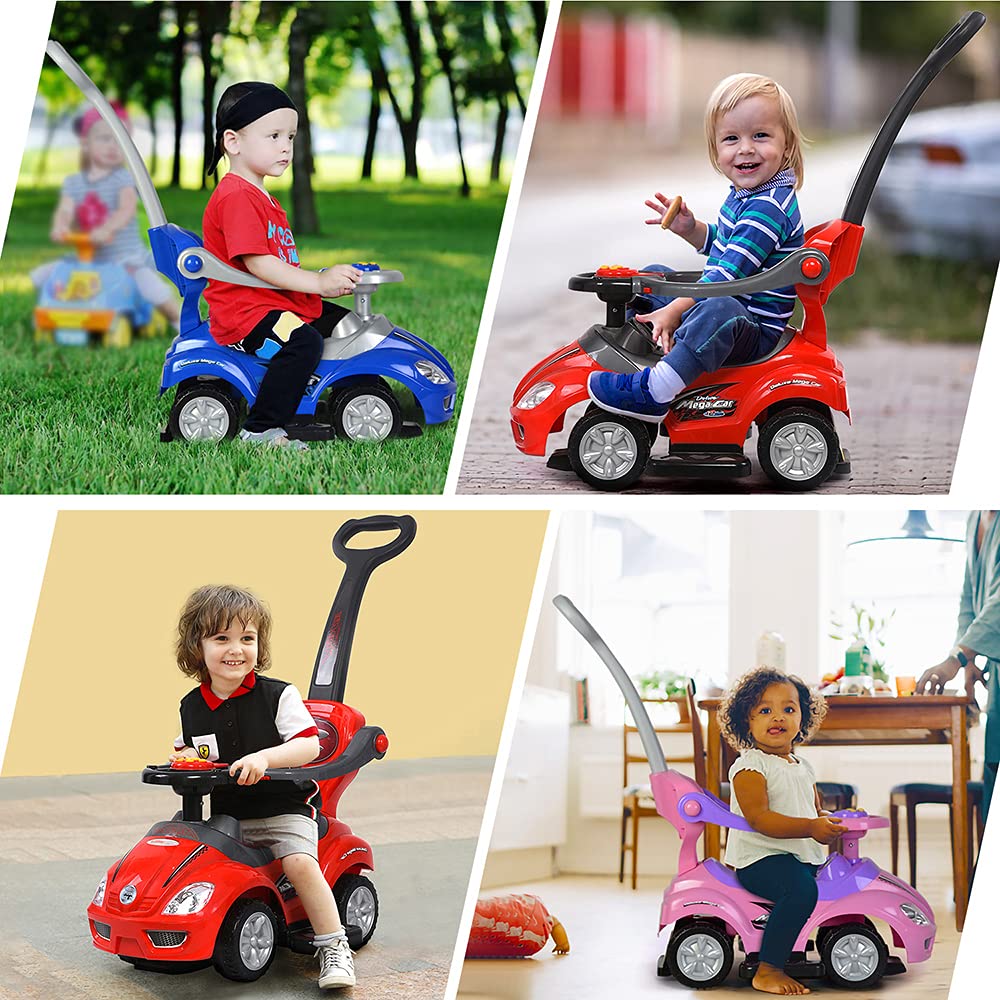 ChromeWheels 3 in 1 Ride on Toys Push Car with Guardrail, Mega Car for Toddlers, w/Handle, Horn, Music, Color Red