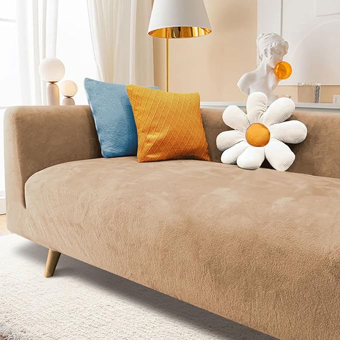 ADOORO Velvet Sofa Slipcover High Stretch Plush Couch Covers Luxury Thick Soft Sofa Cover Washable Furniture Protector,Couch Covers For Dogs,Pets,Kids,Khaki,4-Seater(235-300cm/92-118inch)