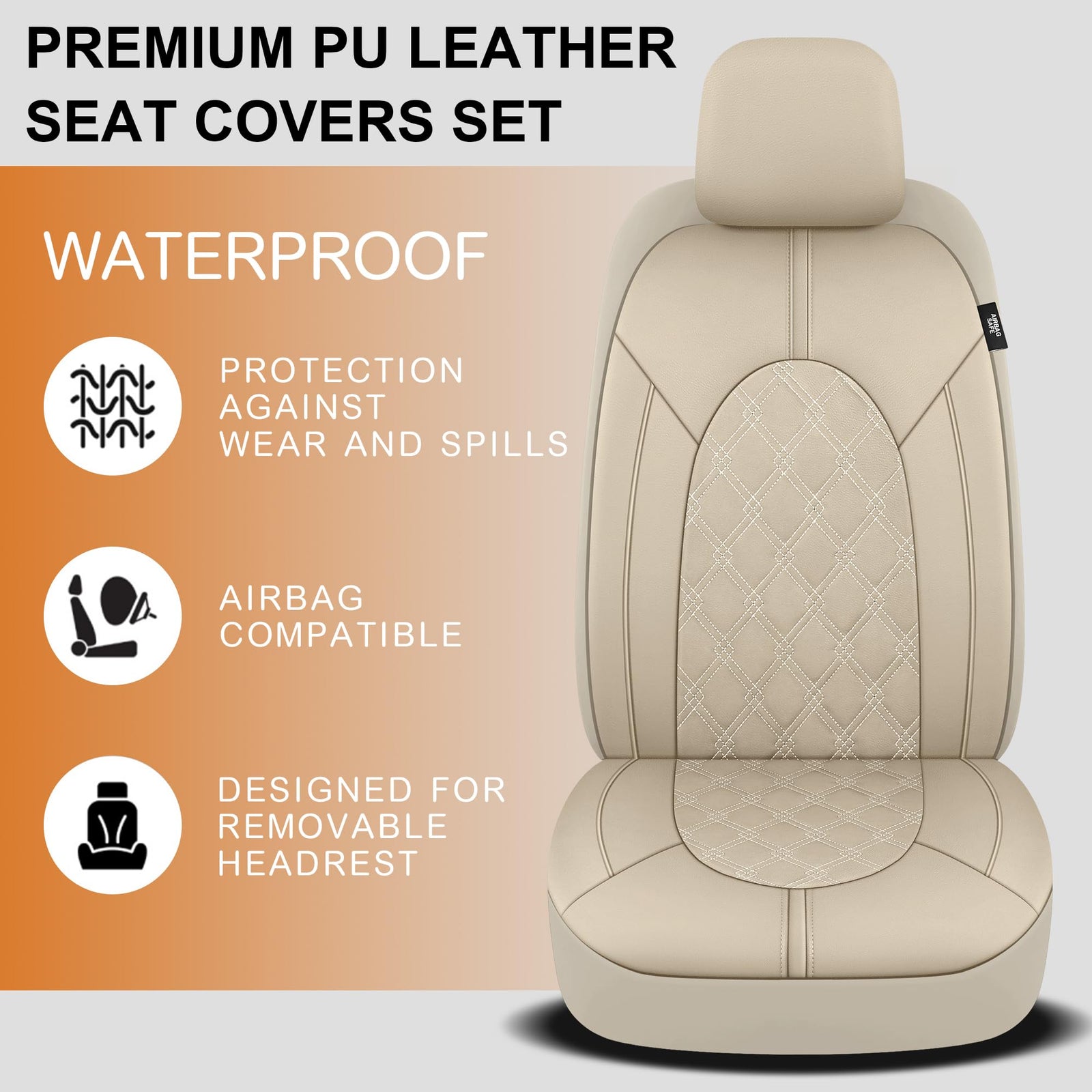 CAROMOP Luxury Leather Car Seat Covers Full Set-Waterproof Seat Protectors with Split Bench Seat Covers for Cars-Universal Cars Interior Covers for Sedans, SUVs, Pick-up Trucks(Beige/Beige Line)