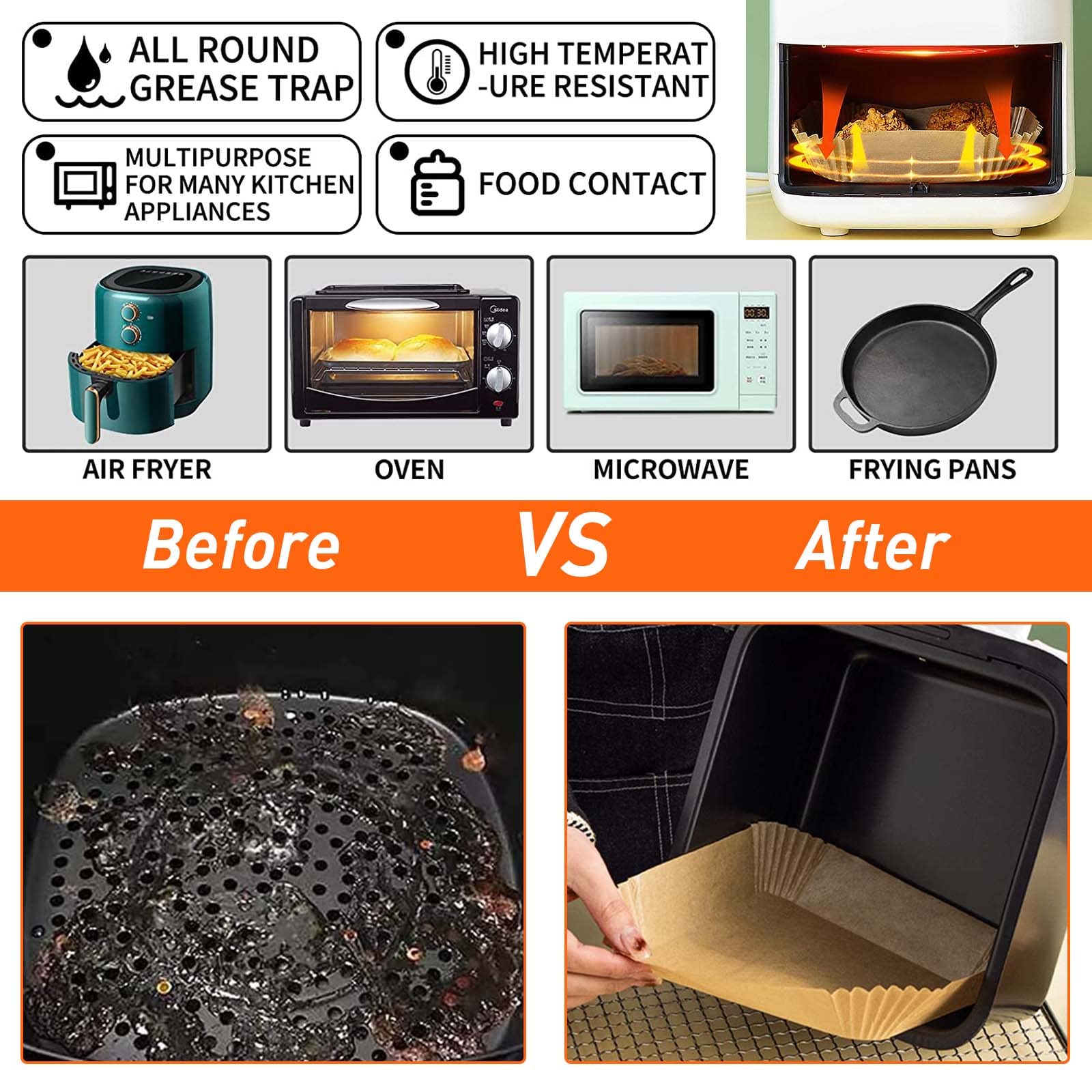50Pcs Air Fryer Disposable Paper Liner, Air Fryer Liners Square, Baking Paper for Air Fryer Water-proof,Parchment Paper for Baking Roasting Microwave,7.9 inch/20cm,Square