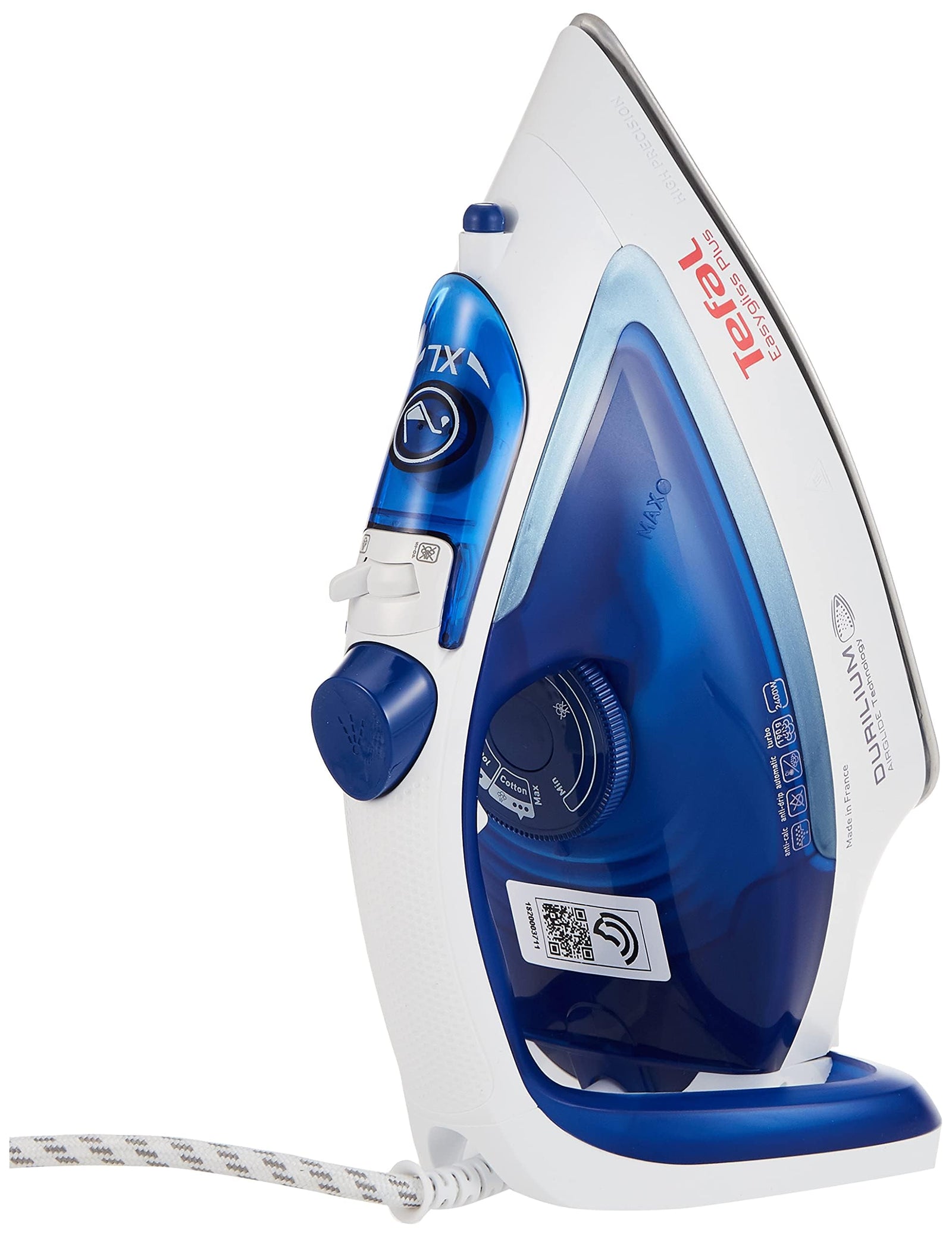 Tefal Easygliss Durilium Airglide Soleplate Steam Iron, 2400 Watts, Blue/White, FV5715M0