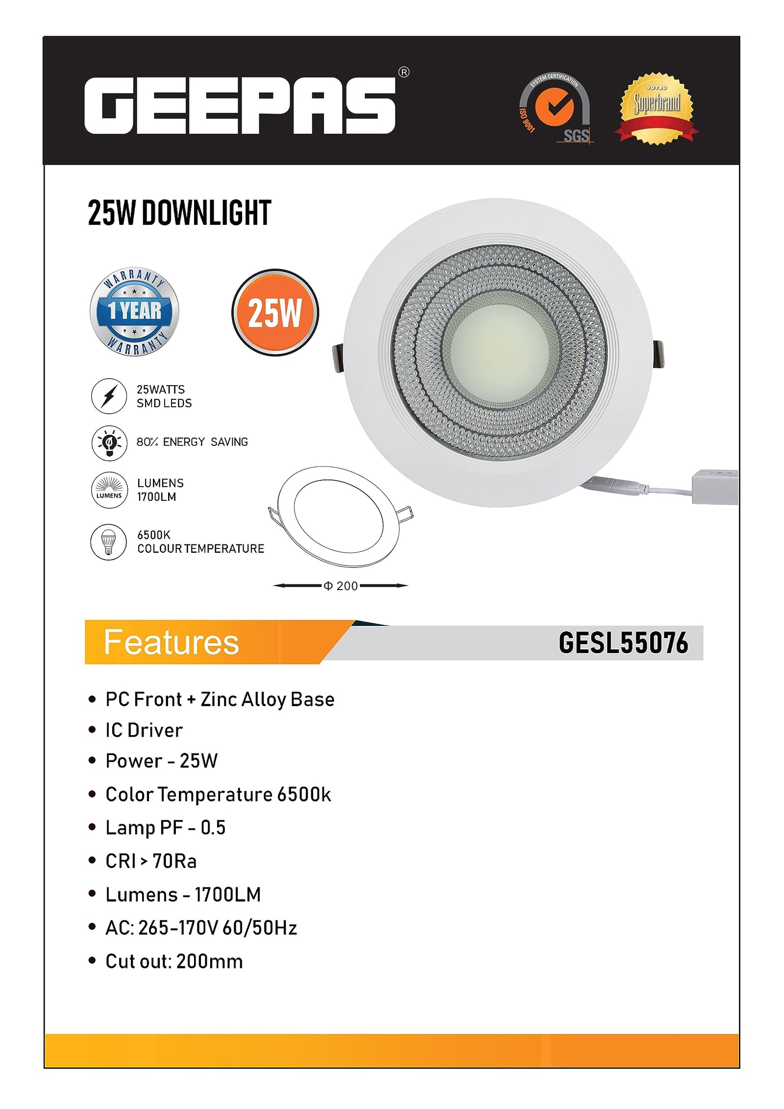 Geepas GESL55076 Round Slim Downlight Led 25W - Downlight Ceiling Light | Natural Cool White 6500K | Long Life Burning Hours | Energy Saving| Ideal for Home Hotel Restaurants & More 1 Year Warranty