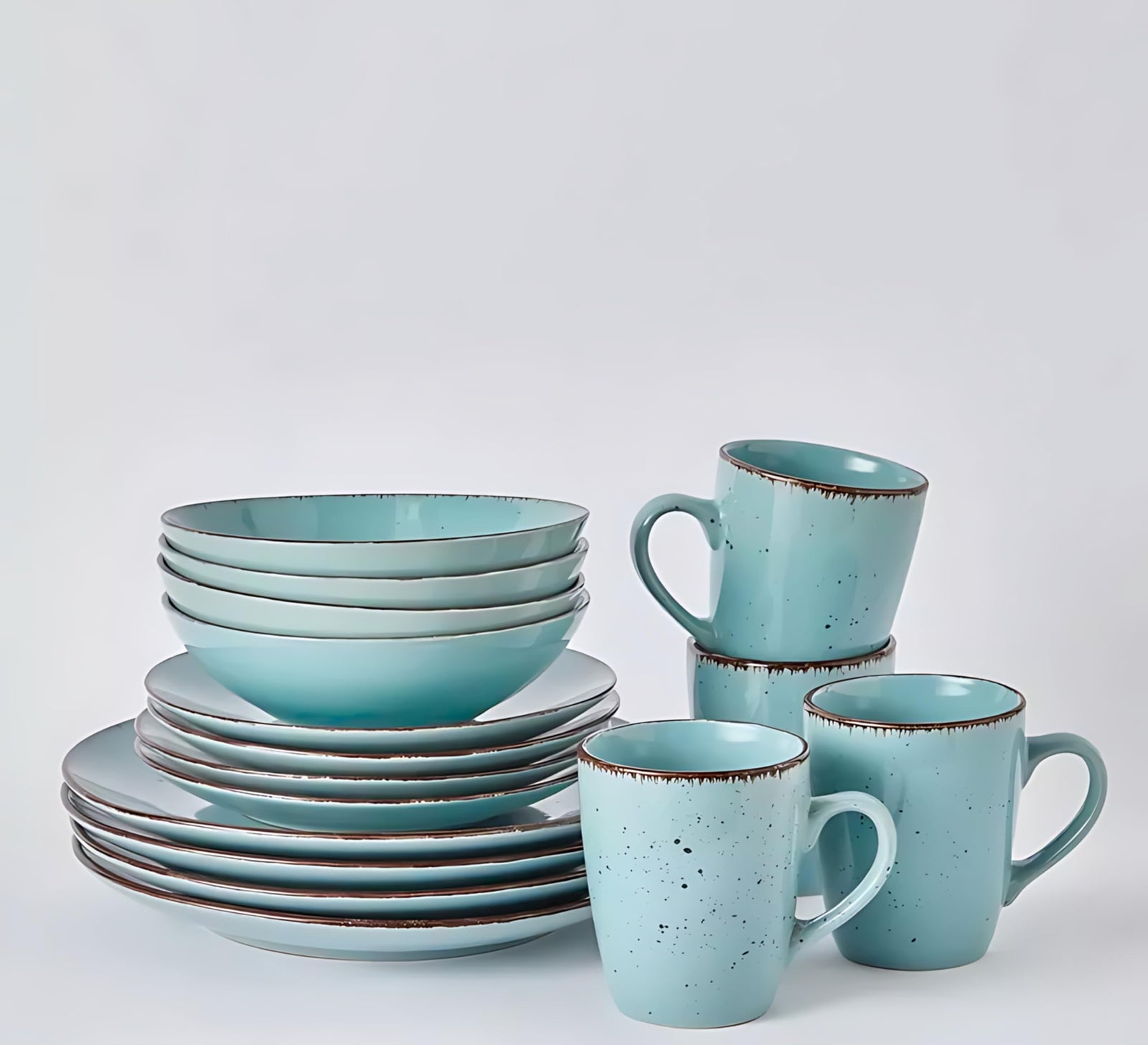 طقم عشاء من السيراميك FEELINGS STONEWARE مكون من 16 قطعة | أدوات مائدة متينة للاستخدام اليومي | يشمل أطباق، وأوعية، وأكواب | تصميم أنيق وعصري | آمن للغسالة والميكروويف (أزرق سماوي)