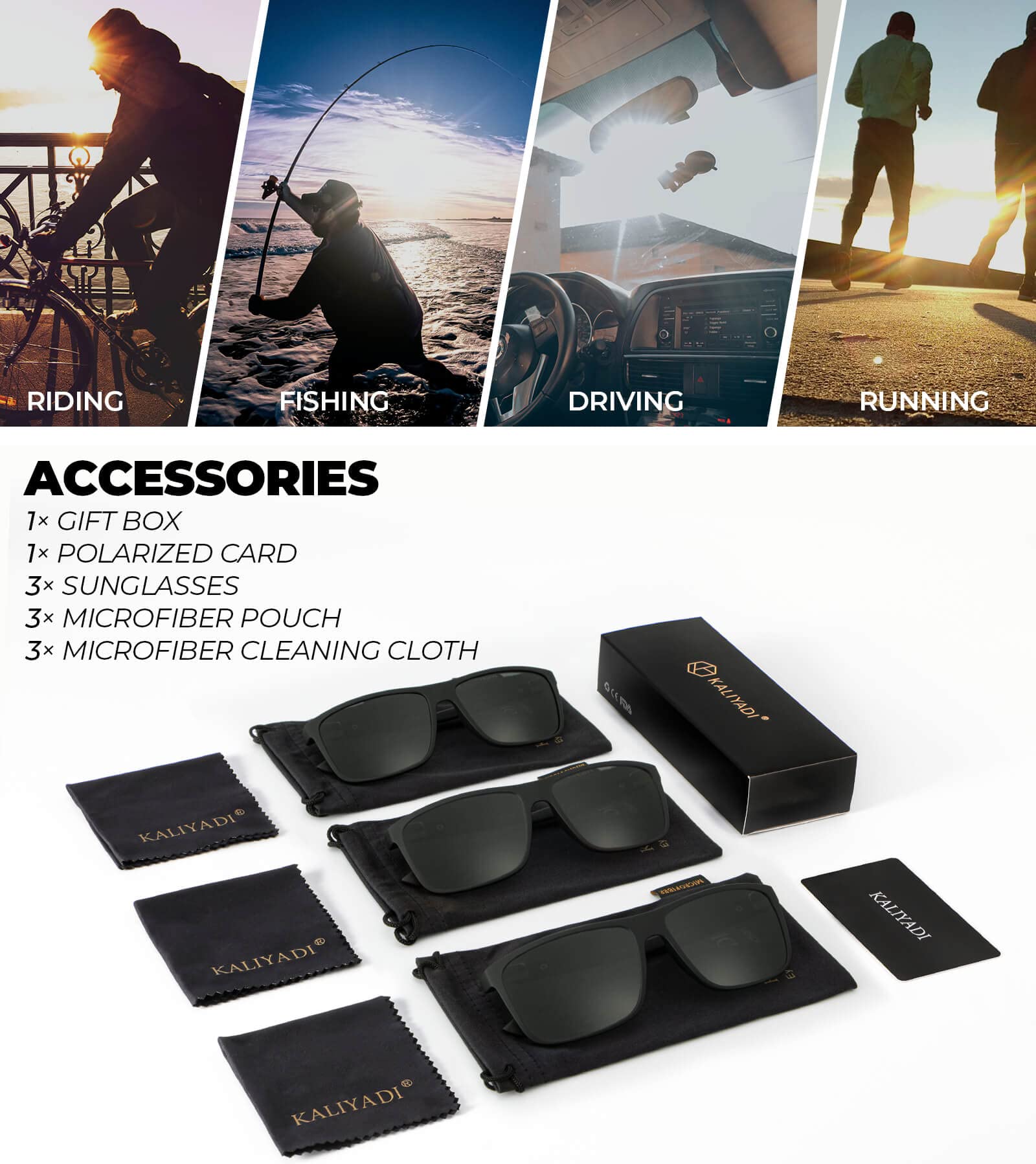 KALIYADI Polarized Sunglasses for Men and Women, Mens Sun Glasses with UV Protection for Driving Fishing Golf (3 Packs), (3 Pack) Black/Black/Black