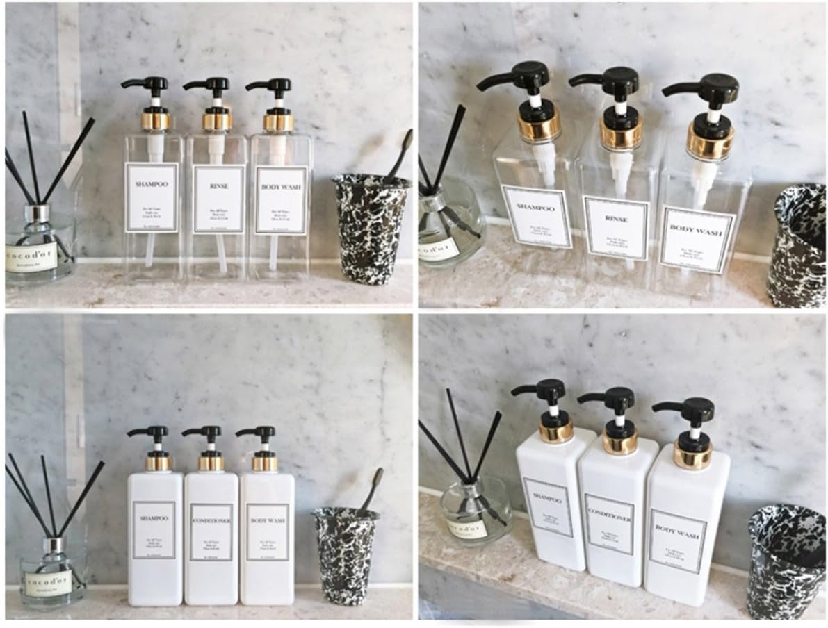 HARRA HOME Modern Gold Design Pump Bottle Set 27 oz Refillable Shampoo and Conditioner Dispenser Empty Shower Plastic Bottles with Pump for Bathroom Lotion Body wash Massage Oils, Pack of 3 (Black)