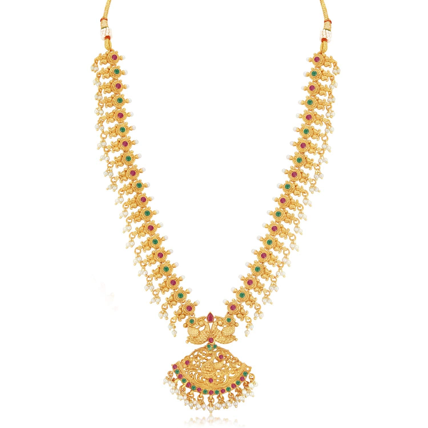 Sukkhi Classic Pearl Gold Plated Long Haram Necklace Set for Women (SKR70419), Pink & Green, Free Size