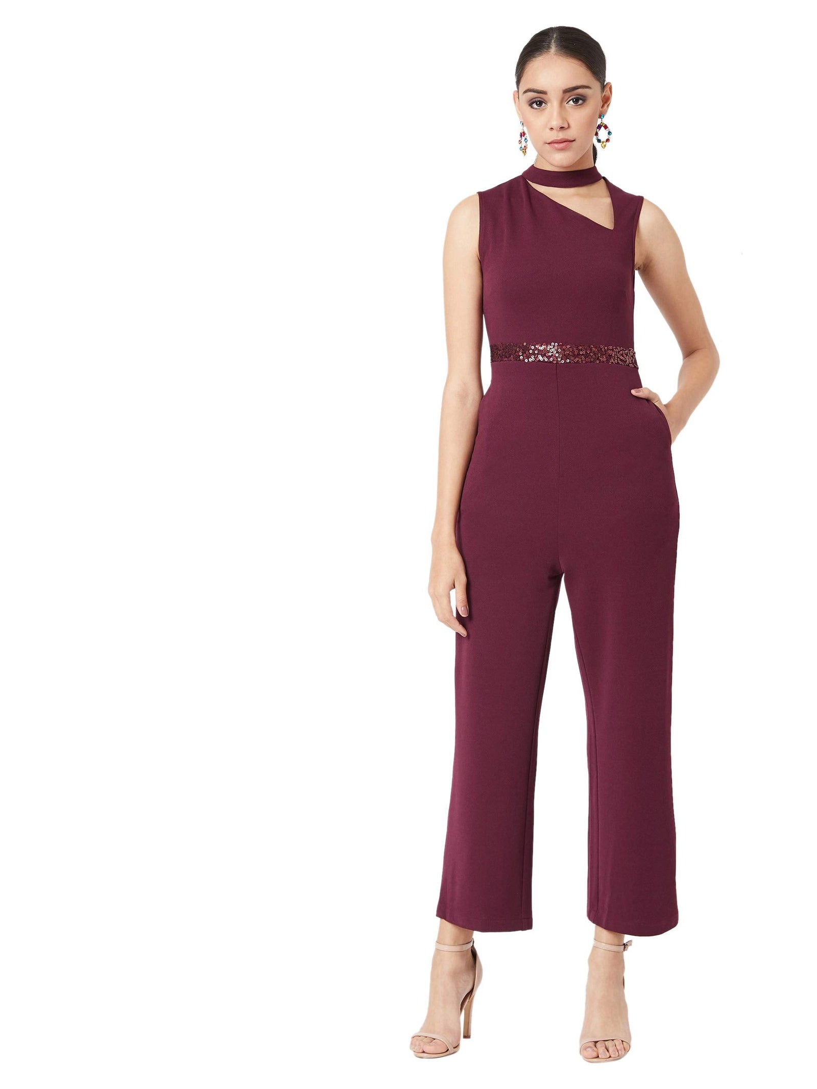 Miss Olive Women's Regular Fit Shirt Style Solid Jumpsuit.Wine.S