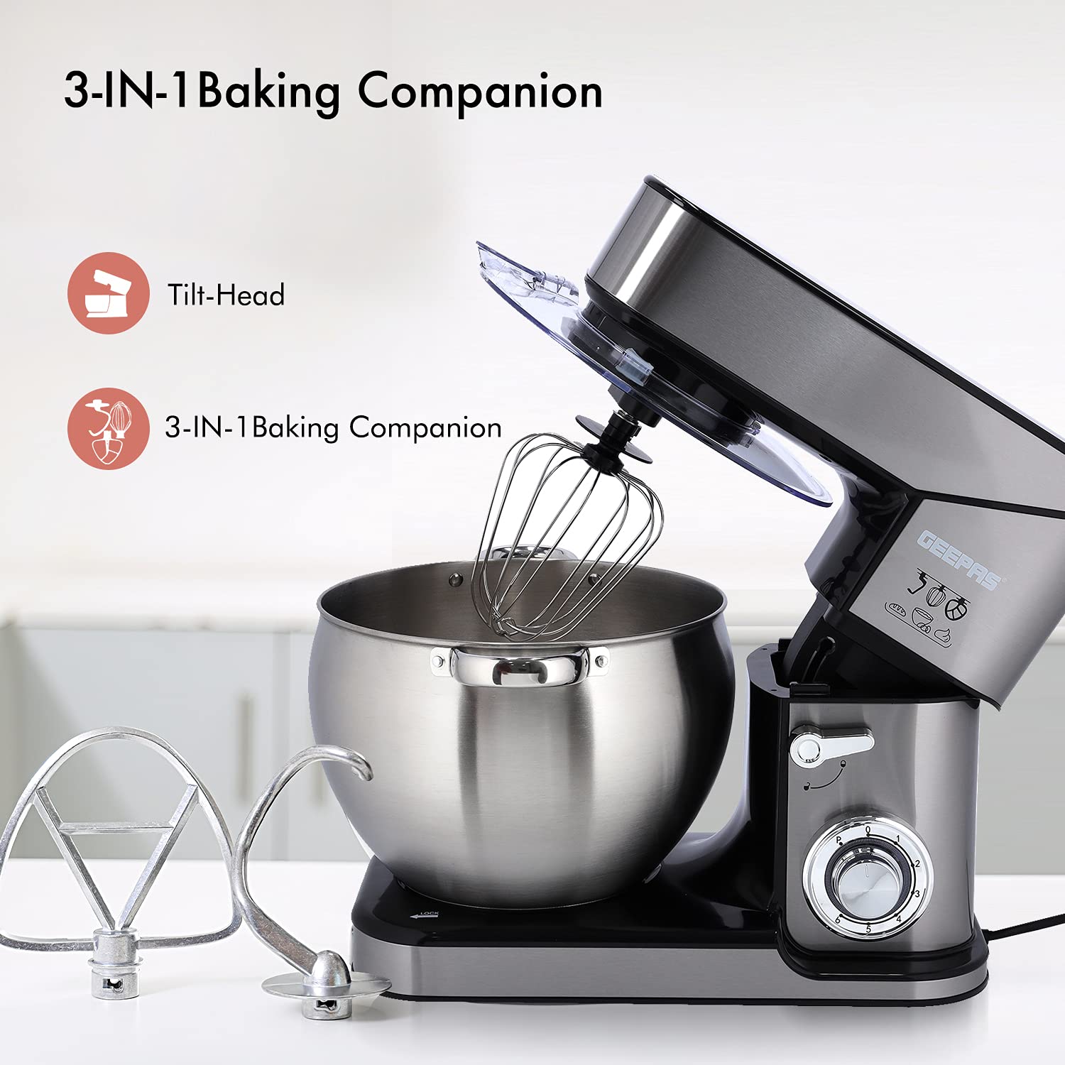 Geepas 2000W Stand Mixer 10L Stainless Steel Mixing Bowl For Bread & Dough, Tiltup Head 6 Speed With Pulse Power Indicator , Multicolor, Gsm43041