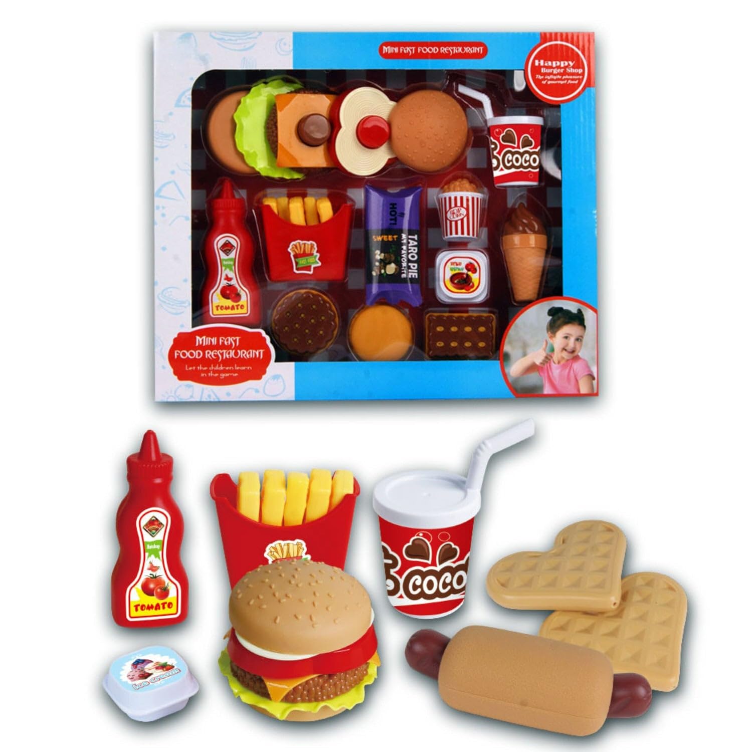 Kidwala FITTO Fast Food pretend play set burger toys for kids, fries, chicken, ice cream, salad, cheese, vegetables, popcorn, cookies, apple pie, and drink fast food playset educational toys for girls