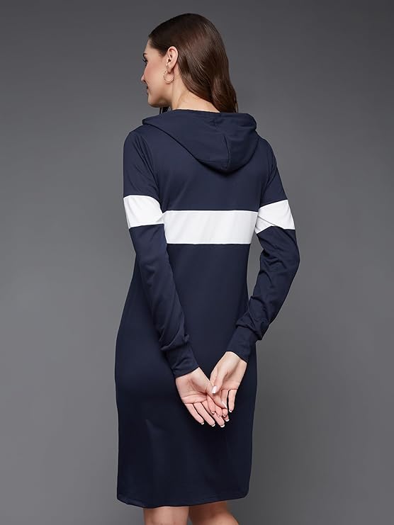 Miss Olive Women's Cotton Hooded Knee-Length Dress (MOAW17D09-89-154_Navy Blue and White_M), Navy Blue and White, M