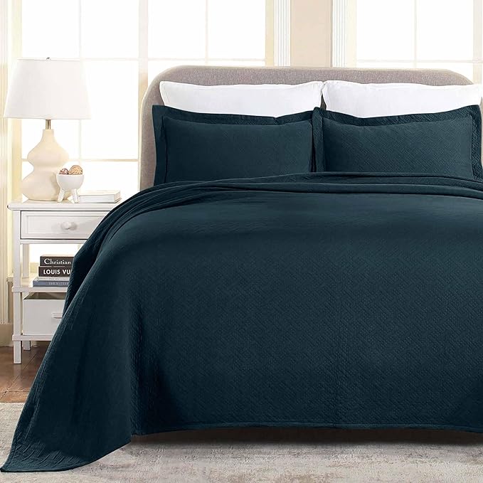 SUPERIOR Bedspread with Pillow Shams, Cotton, Deep Sea, Queen