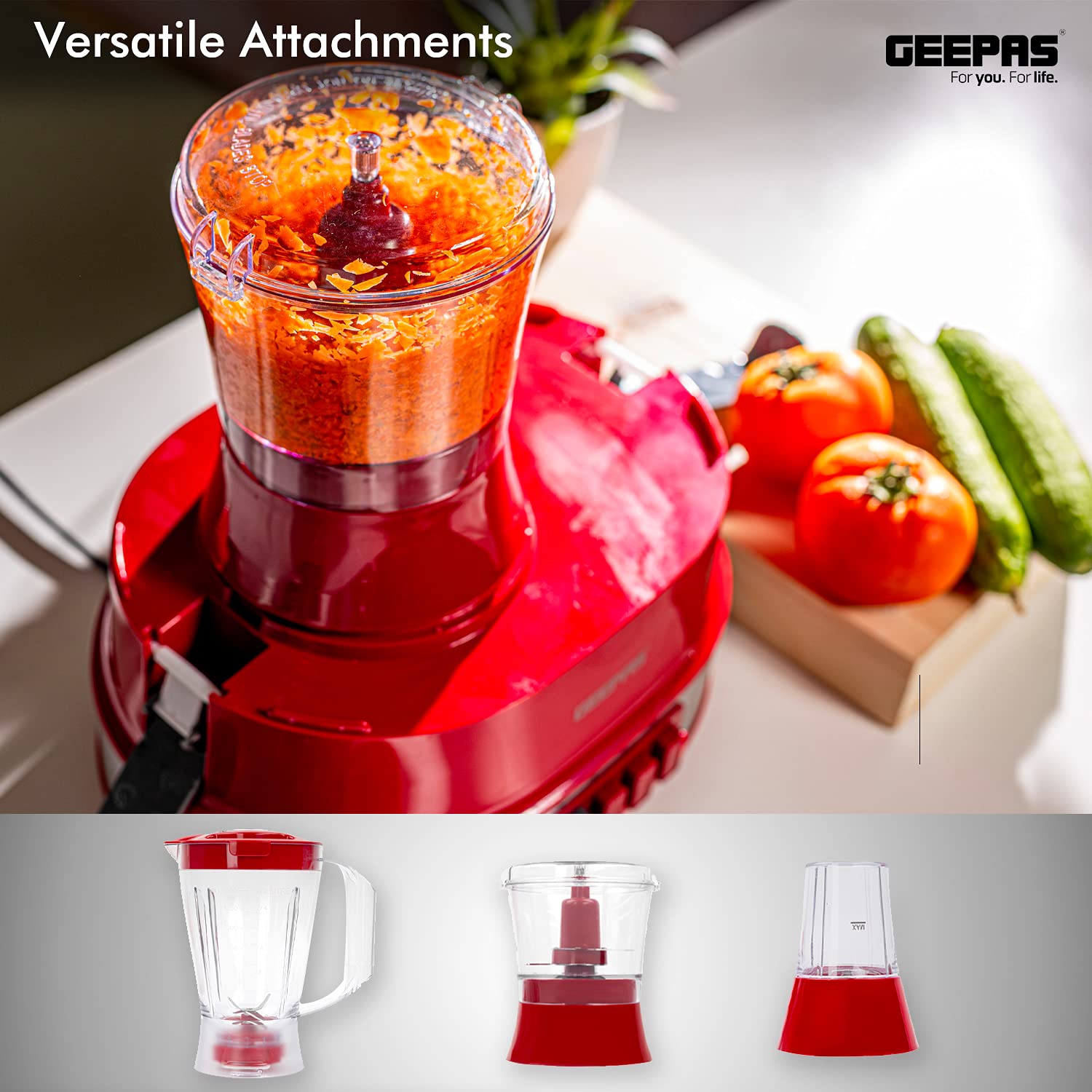 Geepas 4-in-1 multi-function food processor | electric blender juicer, 2-speed with pulse function & safety interlock 800w |juicer, blender, mixture coffee mill included- assorted