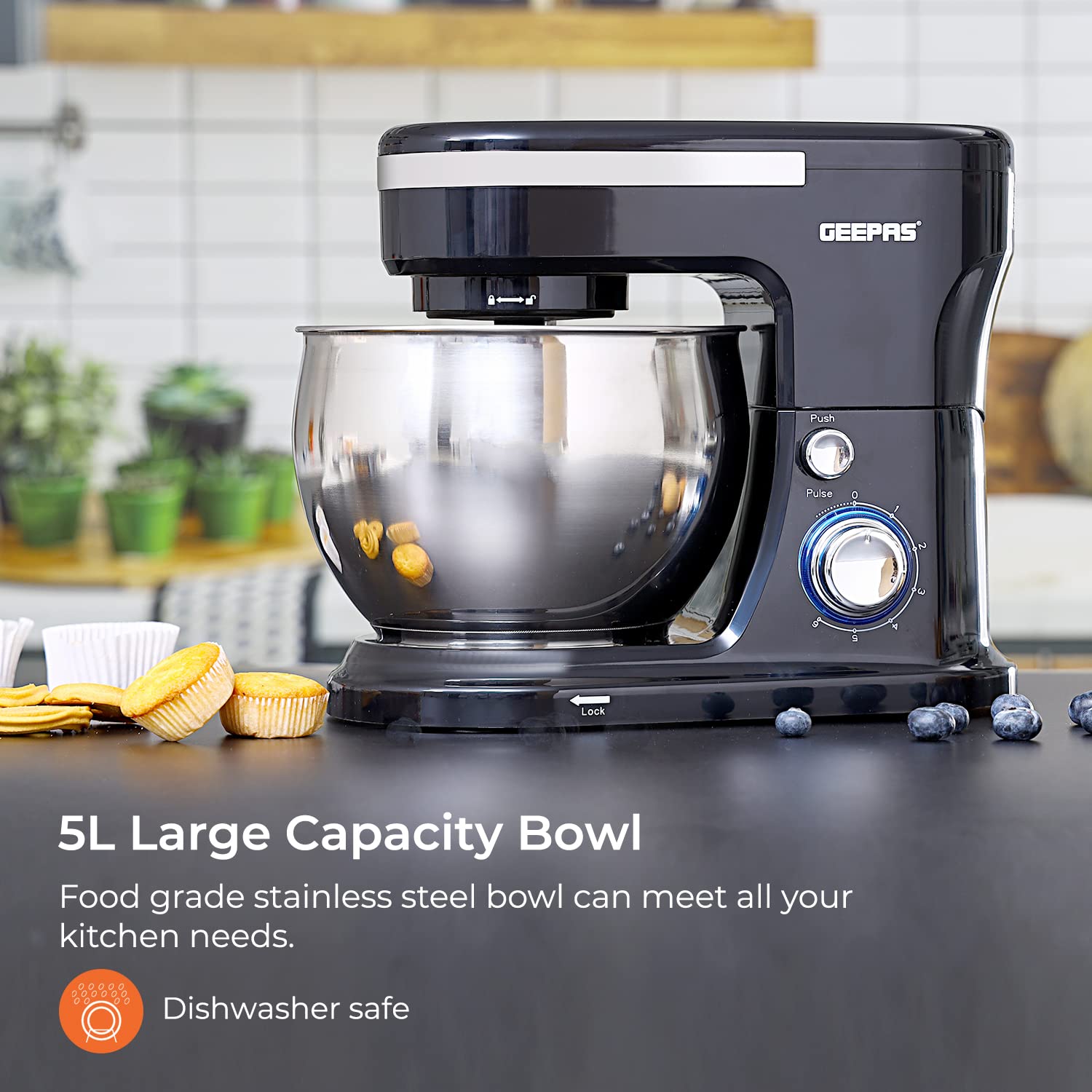 Geepas 5L Food Stand Mixer | 1000W Stainless Steel Mixing Bowl & Splash Guard | 6 Speed With Pulse & Balloon Whisk Flat Beater & Dough Hook | 2 Years Warranty, Black, Gsm43038UK