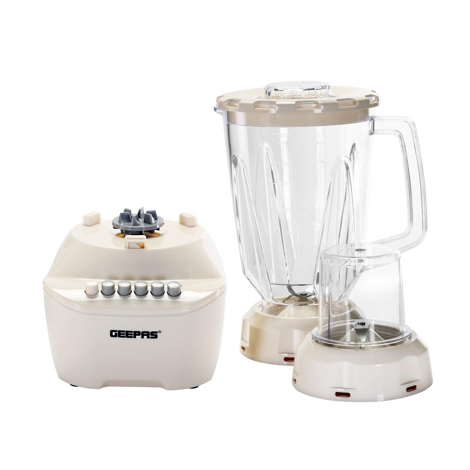 Geepas 400W 2 in 1 Multifunctional Blender | Stainless Steel Blades, 4 Speed Control with Pulse | 1.5L Jar, Over Heat Protection| Ice Crusher, Chopper, Coffee Grinder & Smoothie Maker