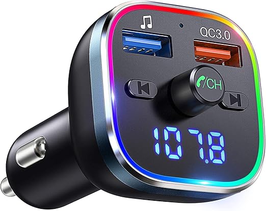 BTDD V5.0 Car Bluetooth FM Transmitter, Hi-Fi Radio Adapter with RGB Lights, Black