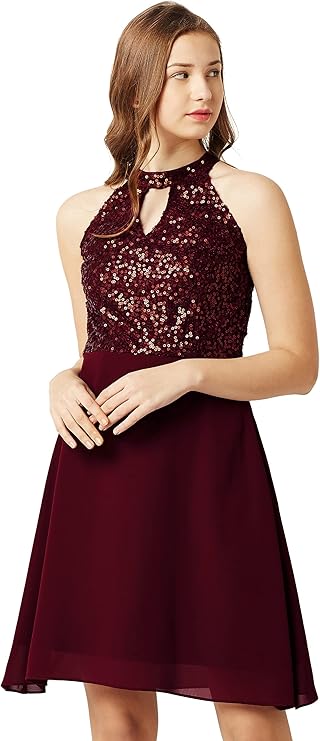 Miss Olive Women's Georgette Skater Knee-Length Dress (Moss18D10-61-184_Wine Red_XS)