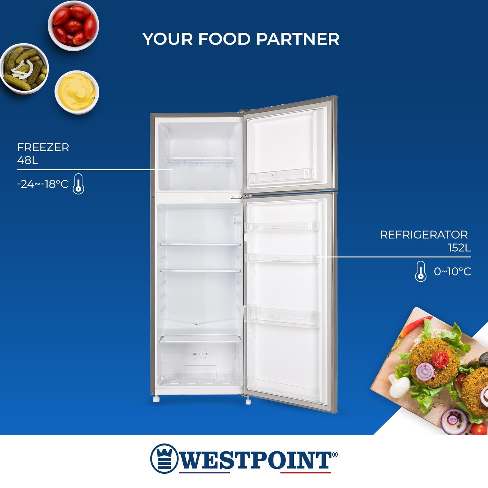 Westpoint 240 Liters Gross Double Door Refrigerator DEFROST Fridge Freezer, 4 Door Balconies, Egg Rack, Ice Cube Tray, Built in Condenser, 52Dx51.9Wx148H Centimeter Silver WRN-2423EI (NEW MODEL-2024)