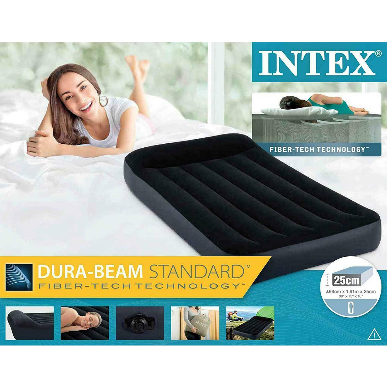 Intex 64141 Dura Beam Pillow Rest Single Mattress with Fiber Tech Technology, No Electric Pump, 99 x 191 x 25 cm, Black California King