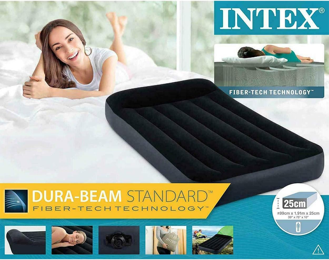 Intex 64141 Dura Beam Pillow Rest Single Mattress with Fiber Tech Technology, No Electric Pump, 99 x 191 x 25 cm, Black California King