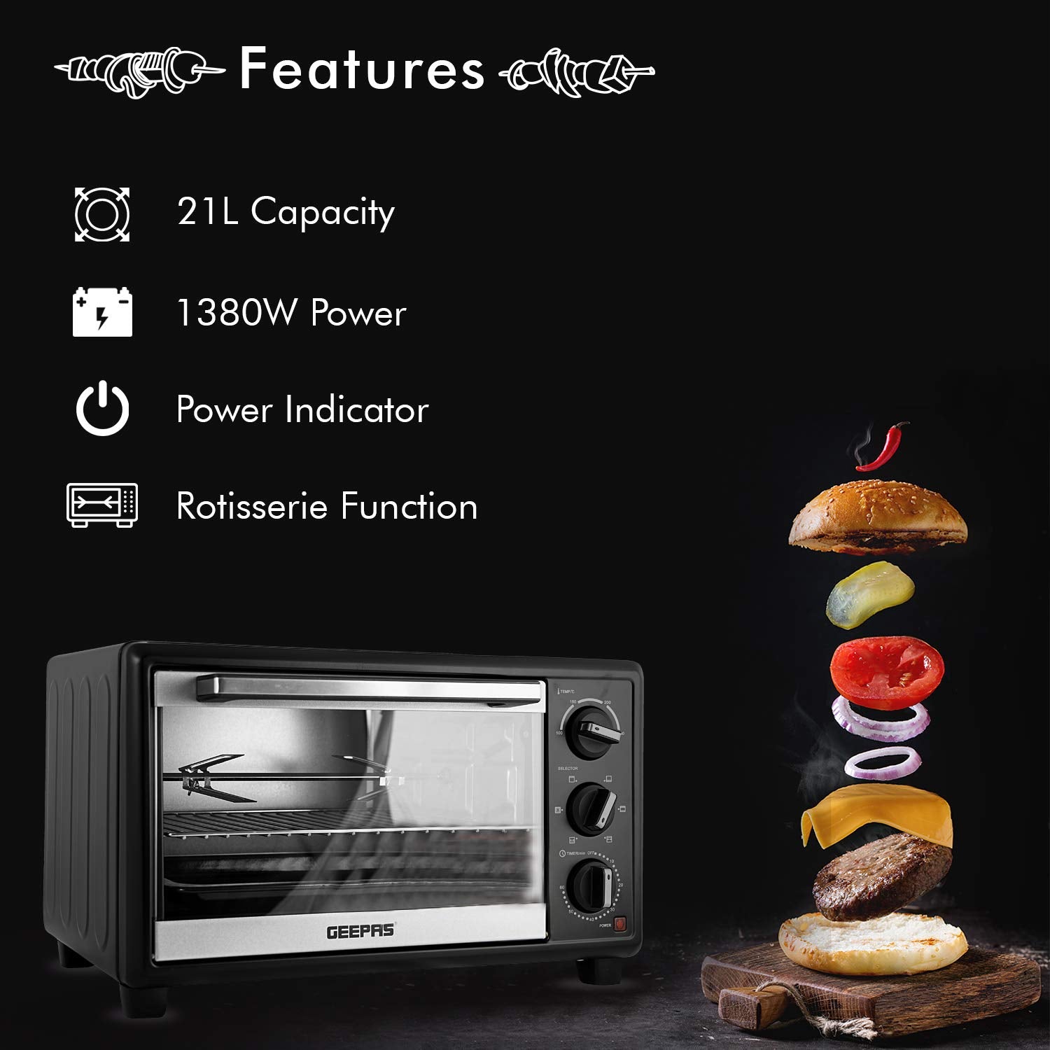 Geepas GO4464 25L Electric Oven With Rotisserie- 1600W power, 6 Stages Heating Selector