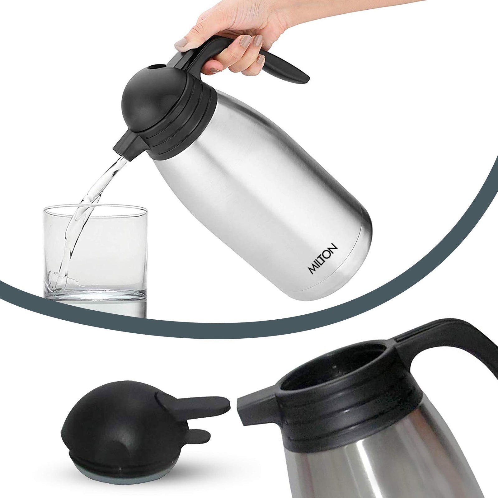 MILTON 2000ml Vacuum Insulated Tea/Coffee Pot with Press Lid, Keeps Drinks Hot and Cold for 24 Hours, 18/8 Stainless Steel Carafe, Double-Walled Flask with Inner Copper Coating - Classic - Silver