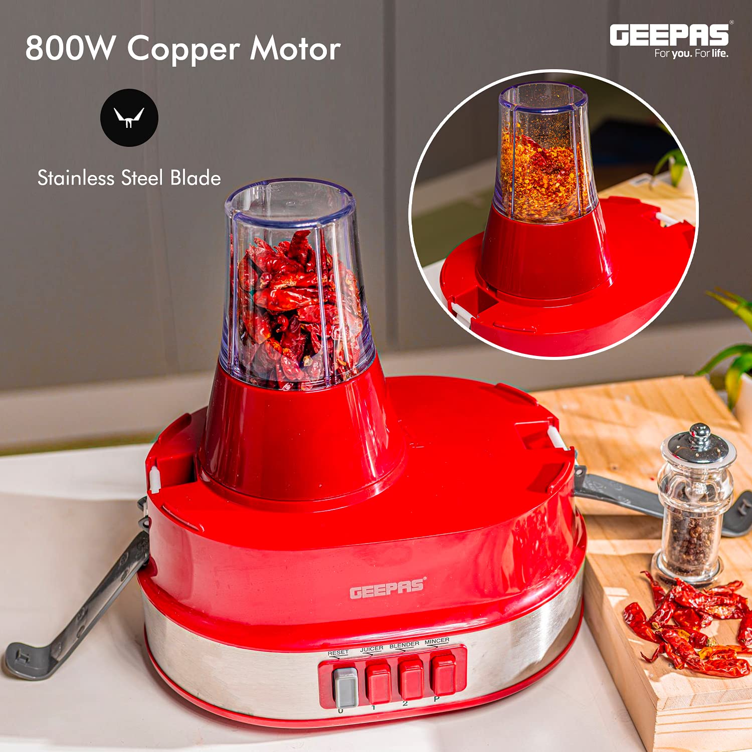 Geepas 4-in-1 multi-function food processor | electric blender juicer, 2-speed with pulse function & safety interlock 800w |juicer, blender, mixture coffee mill included- assorted