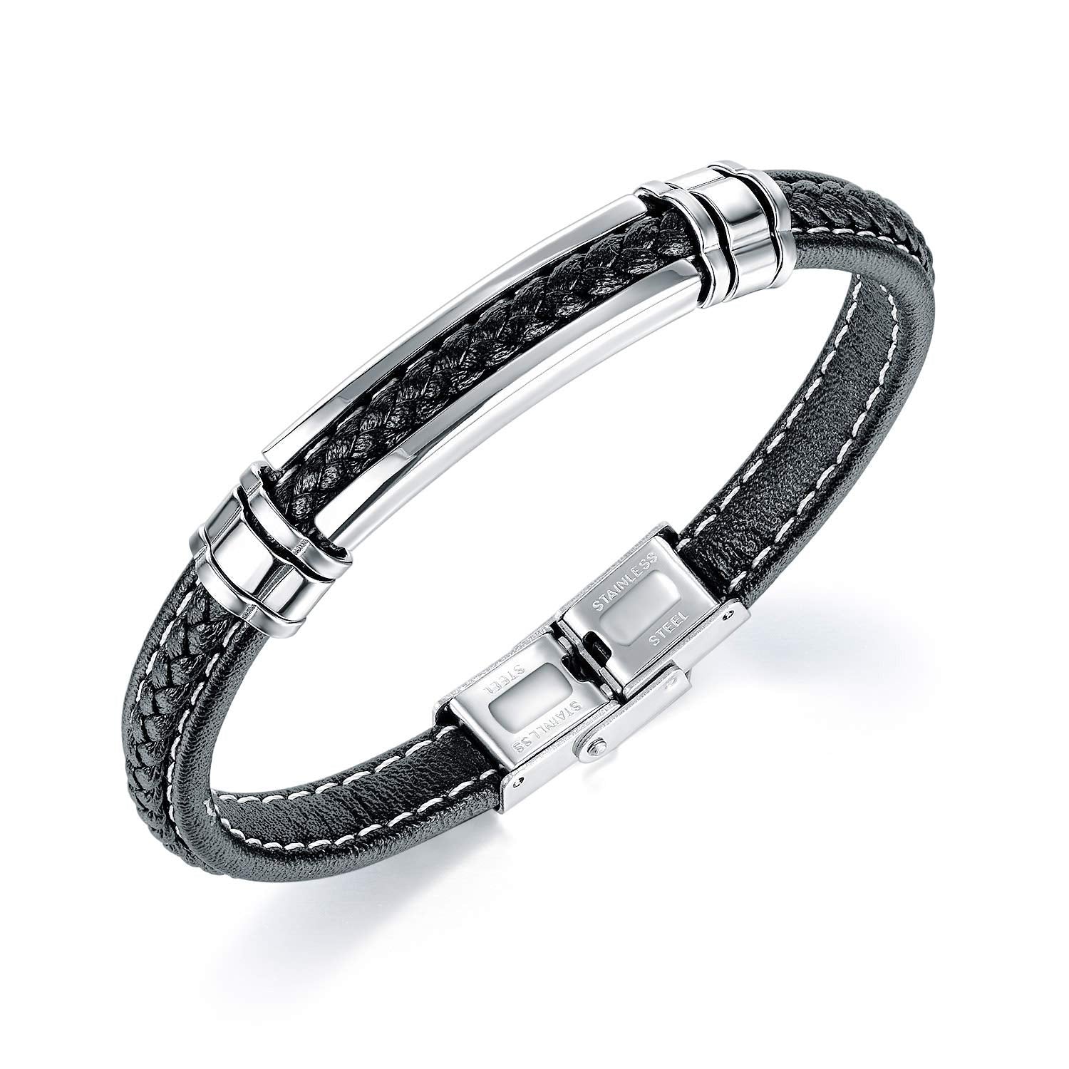 Mens Black Blue Leather Bracelet Silver Stainless Steel For Teen Boys Adjustable Buckle Bracelets Pulseras Para Hombre Different Size For Small Big Wrist