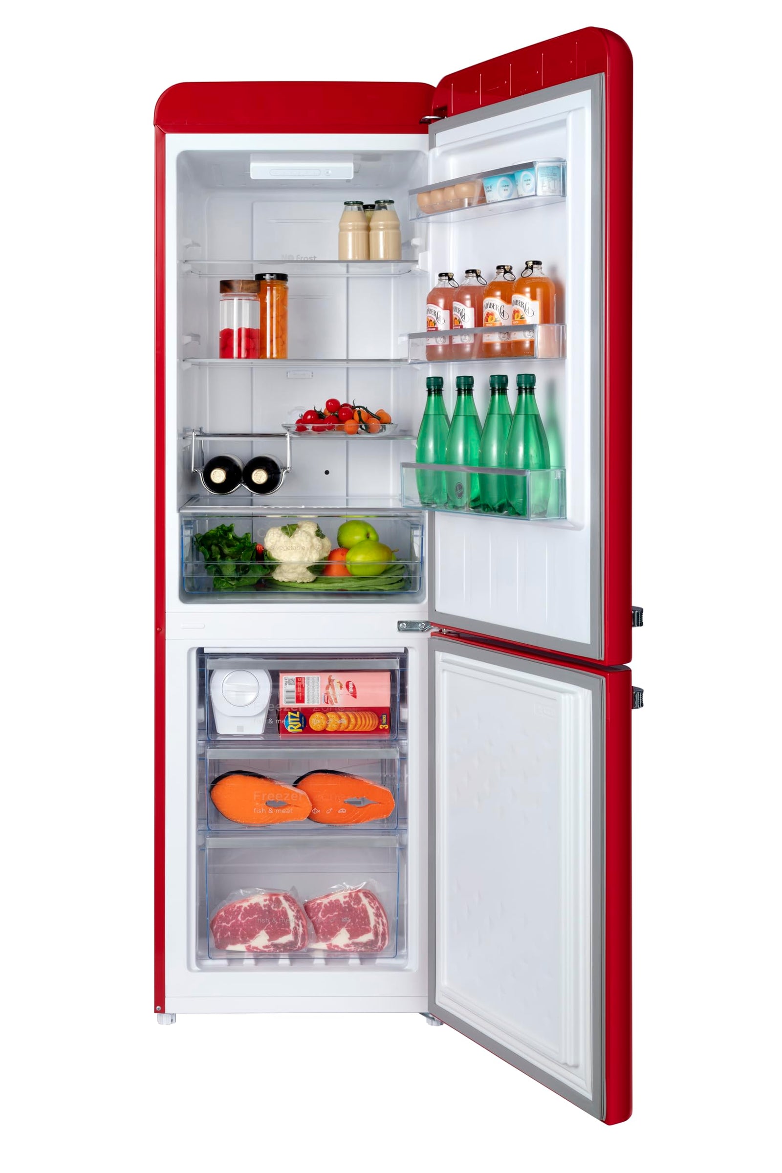 Hoover 300L Bottom Mount Retro Style Refrigerator, Total No Frost Design, Metal Texture Handle, Electronic Control & LED Light, Silver Strip & Ice Twister, 1 Year Warranty,Red - HBR-M300-RR