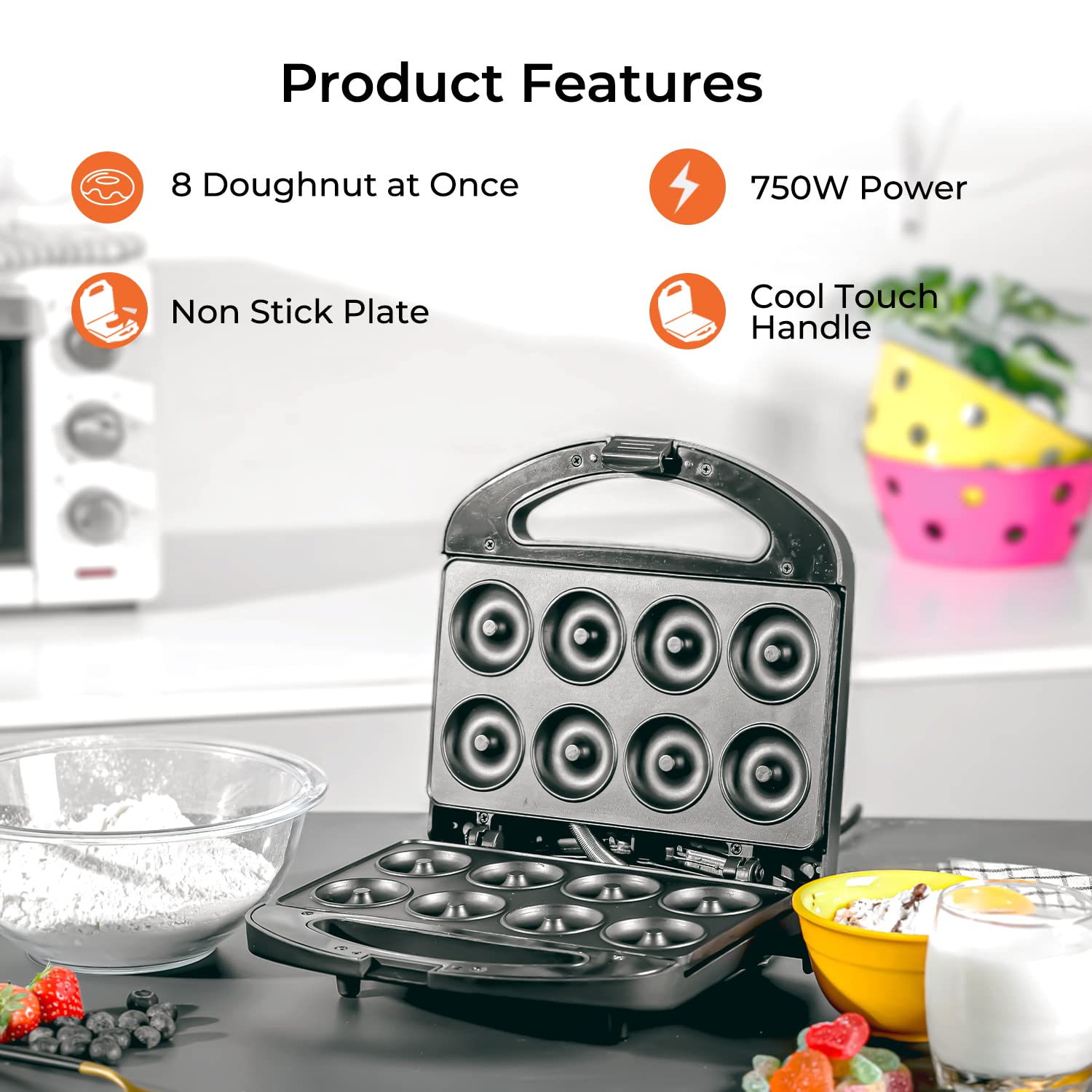 Geepas GDM36532 750W 8 Pcs Doughnut Maker - Non-Stick Cooking Plate| Comfortable Handle with Power On & Ready Indicator | 2 Years Warranty