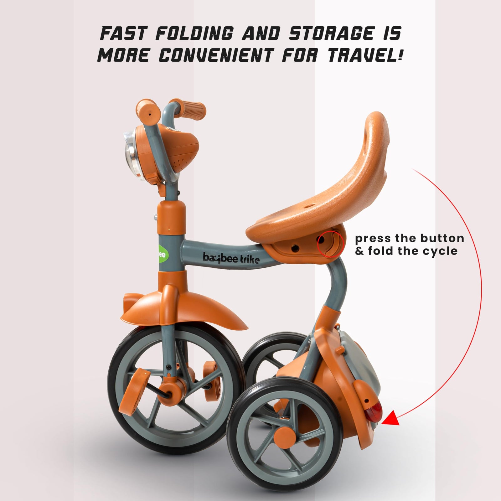 Baybee Flyer Tricycle for Kids,Toddler Foldable Tricycle with Back Stroge & Head light for 2-5 Years Boys and Girls Kids Trike (Orange)