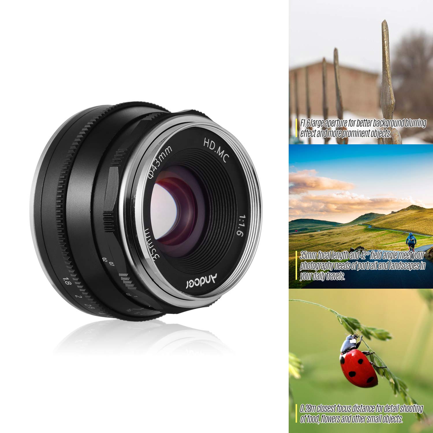 Andoer 35mm F1.6 Manual Focus Lens Large Aperture Compatible with Canon M1/ M2/ M3/ M5/ M6/ M10/ M100/ M50 EOS M-Mount