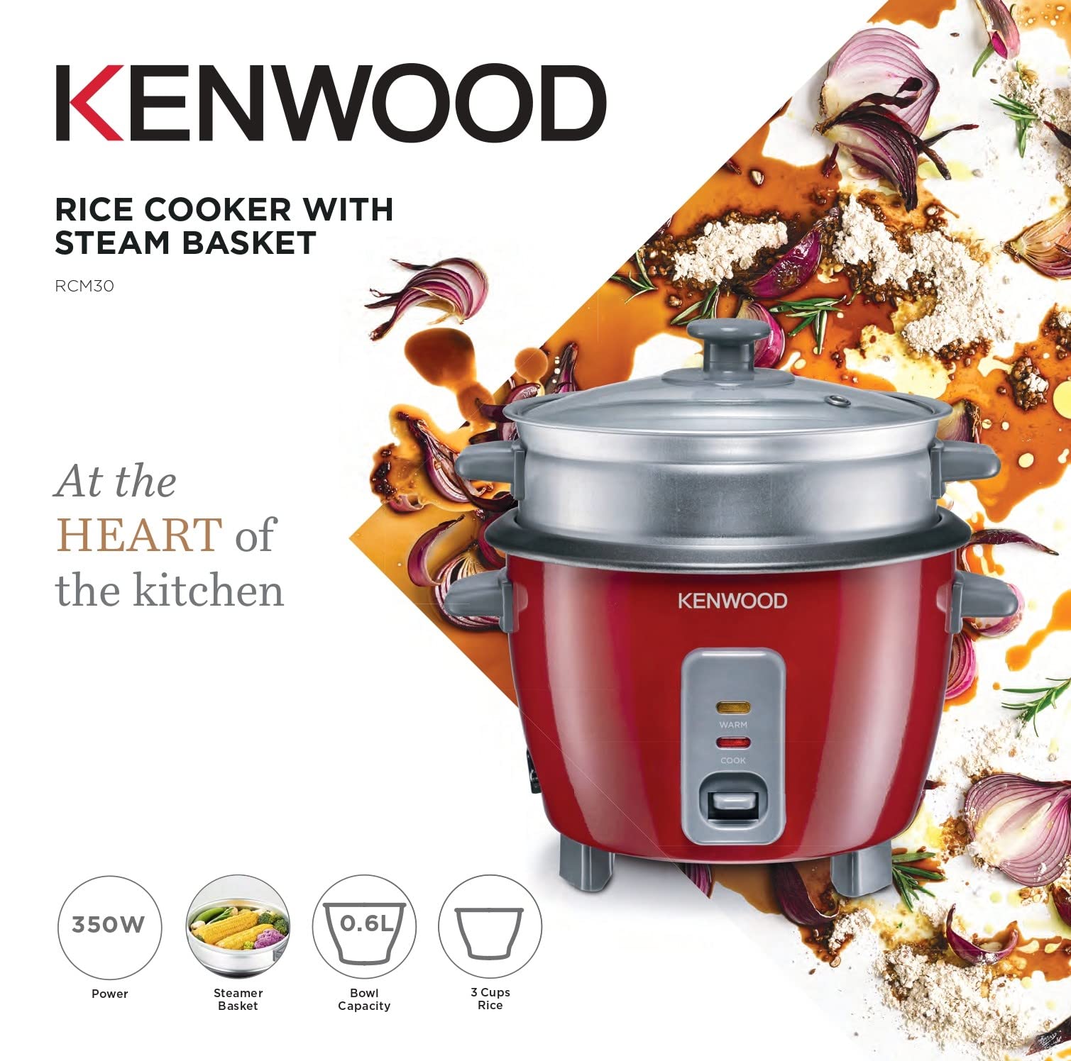 KENWOOD 2-in-1 Rice Cooker 0.6L 3-Cups Rice with Food Steamer Basket, Non-Stick Cooking Pot, Temepered Glass Lid, Warm/Cook Lights, Spatula Holder, Detachable Cord RCM30.000RD Red