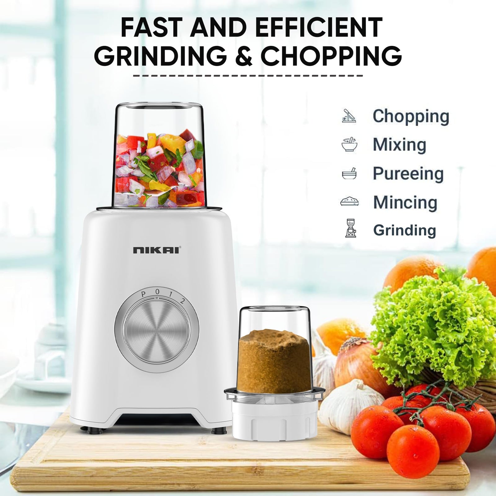 Nikai 3-in-1 Blender with 3 Jars, 1.5 Ltr Liquid Jar, 1 Coffee Grinder & 1 Meat Mincer, 2 Speeds, Stainless Blades, Unbreakable Jar, Perfect for Dry & Wet Fine Grinding, Mixing & Juicing-NB1900NA1