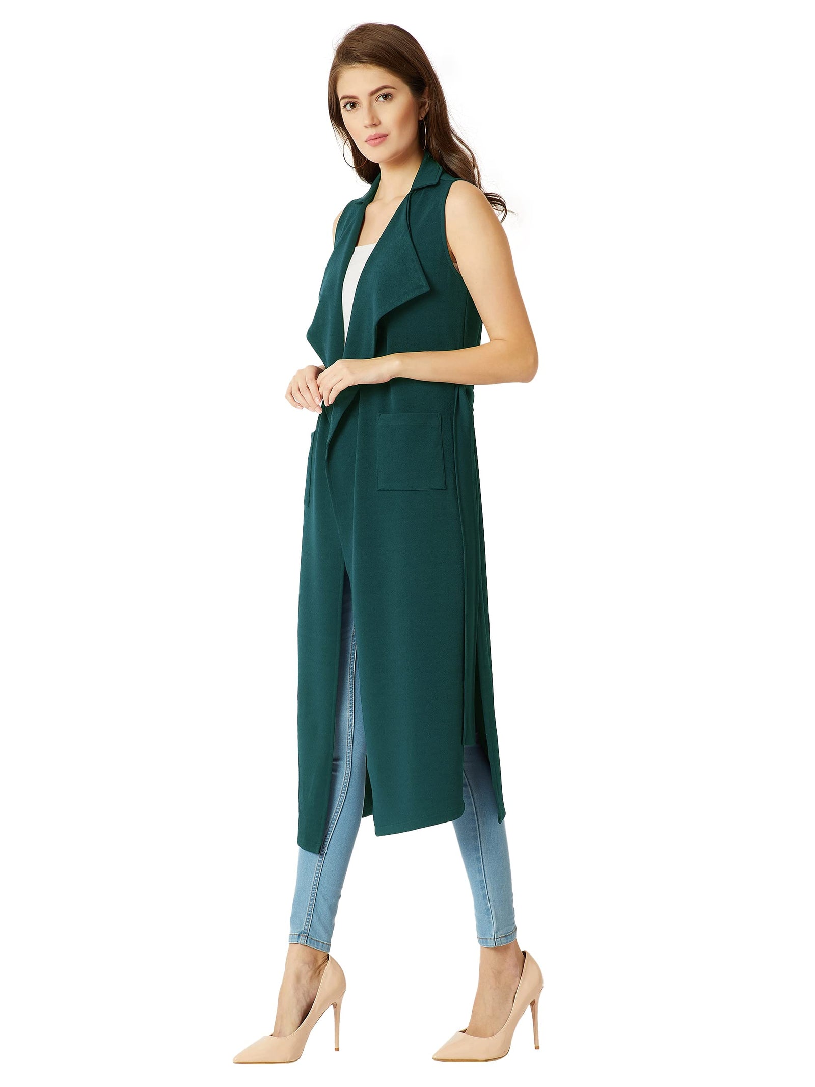 Miss Olive Women's Dark Green Collared Sleeveless Solid Belted Midi Longline Jacket (MOAW18JKT02-59-282-05).Dark Green.M