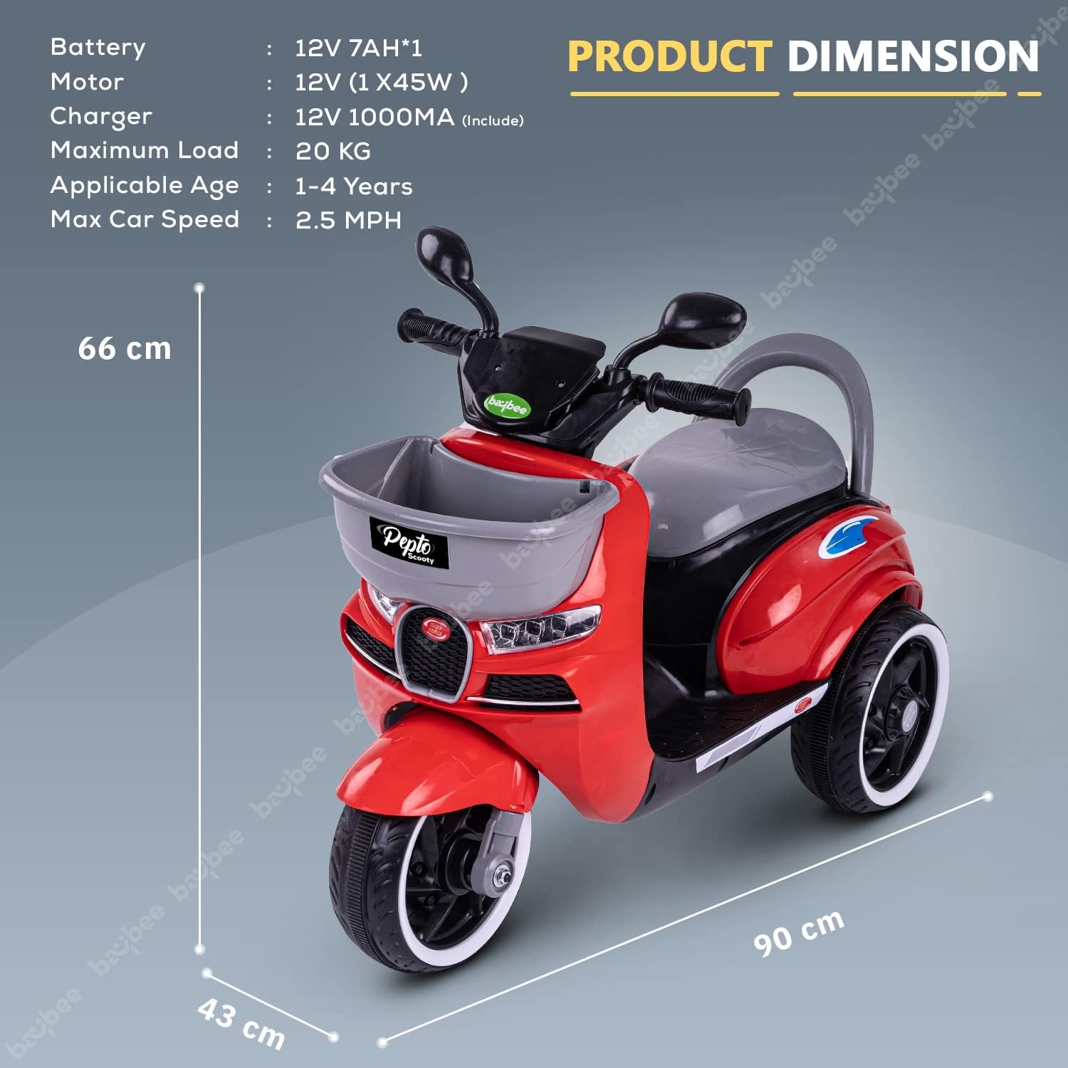 Baybee Pepto Battery Operated Bike for Kids, Ride on Toy Baby Bike Scooty with Light & Music | Kids Bike Rechargeable Battery Bike | Electric Bike for Kids to Drive 1 to 4 Years Boys Girls (Red)