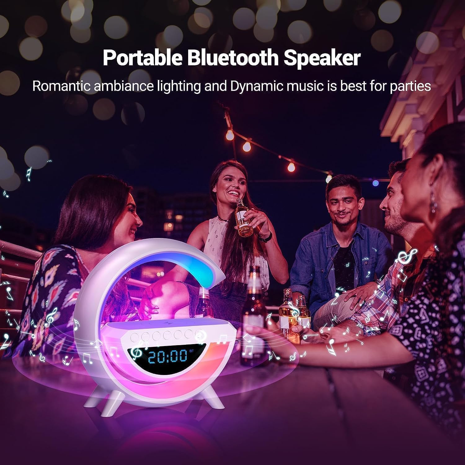 SGG Atmosphere Night Light Wireless Phone Charger Bluetooth Speaker Alarm Clock All in One LED Table Lamp for Bedroom, Living Room, Office, Ideal Gift Choice (BT-3401)