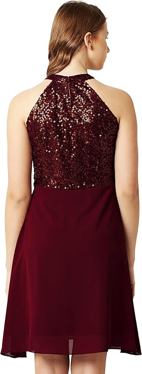 Miss Olive Women's Georgette Skater Knee-Length Dress (Moss18D10-61-184_Wine Red_XS)