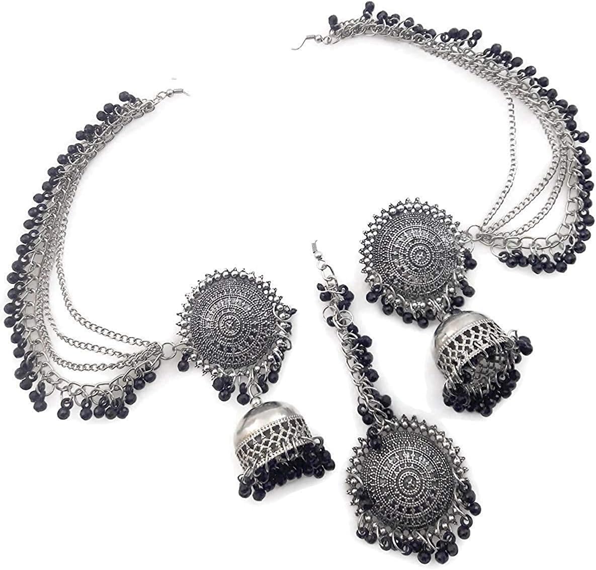 Shining Diva Fashion Latest Oxidised German Silver Antique Design Stylish Traditional Maang Tikka Jhumka Earrings Jewellery Set for Women